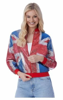 Generic Womens Union Jack Sequin Bomber Jacket Around The World